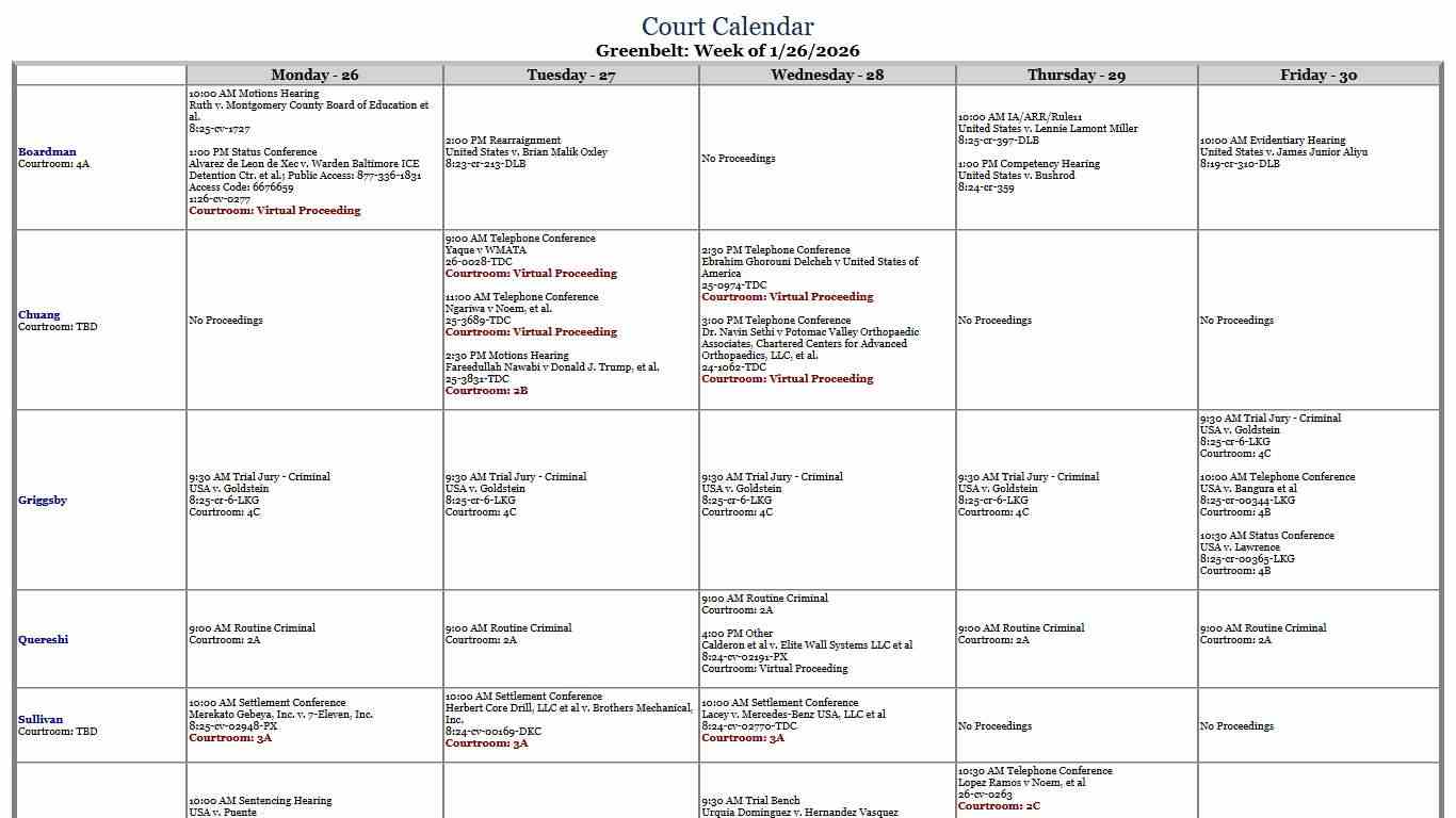 Weekly Court Calendar